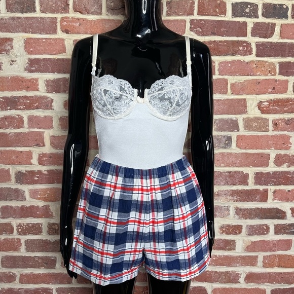 Vintage 70s Two Piece Plaid Short Set in Red White and Blue Seersucker Fabric - Picture 3 of 5